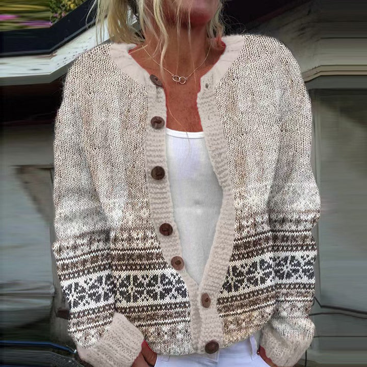 Women's patterned cardigan with round yoke, wooden buttons, and welt pockets Mune Fashion