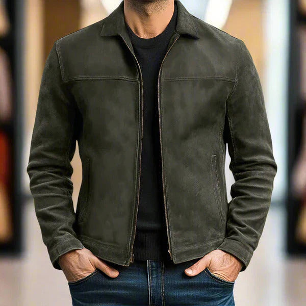 Men's short suede jacket with shirt collar and side insertion pockets Mune Fashion