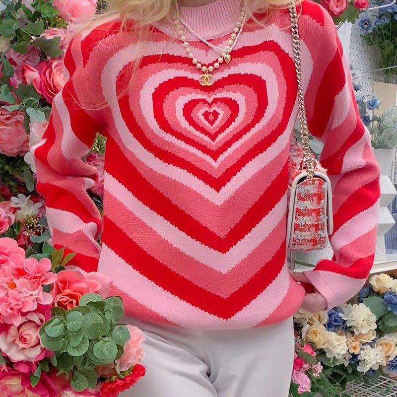 Women's oversized knitted sweater with heart intarsia and chevron pattern Mune Fashion
