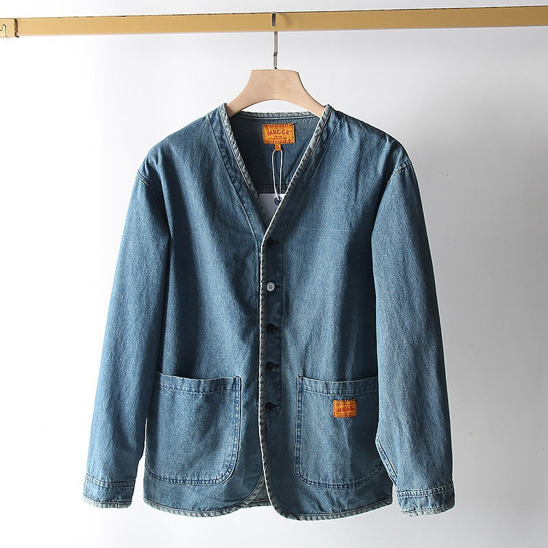 Men's Lightweight Denim Blazer in Overshirt Style with V-Neck and Patch Pockets Mune Fashion