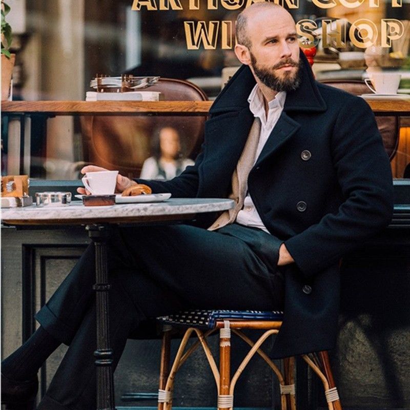 Men's Double-Breasted Wool Coat with High Stand Collar and Tailored Silhouette Mune Fashion