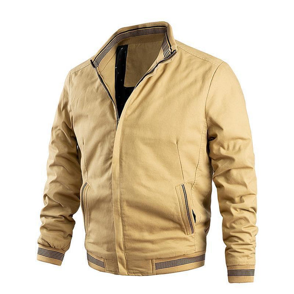 Men's Lightweight Canvas Bomber with Striped Ribbed Cuffs and Stand-Up Collar Mune Fashion