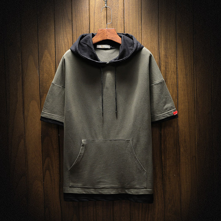 Men's short-sleeved hoodie T-shirt with kangaroo pocket and layered look Mune Fashion