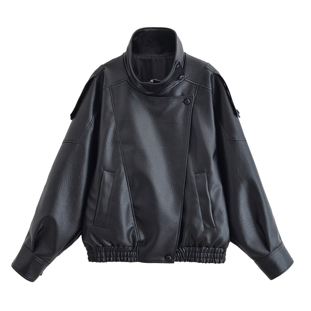 Women's Short Boxy Jacket in Leather Look with High Stand-Up Collar and Elastic Hem Mune Fashion