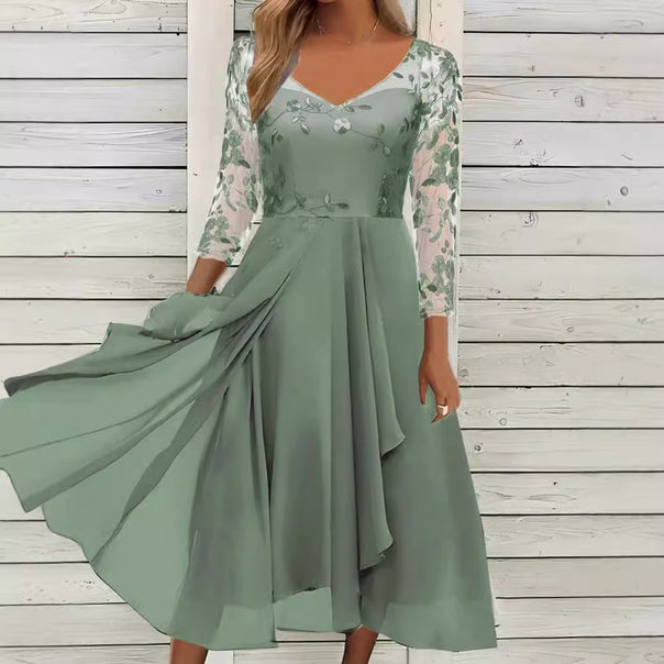 Women's V-neck chiffon midi dress with embroidered bodice, transparent three-quarter sleeves, and asymmetric layered skirt Mune Fashion