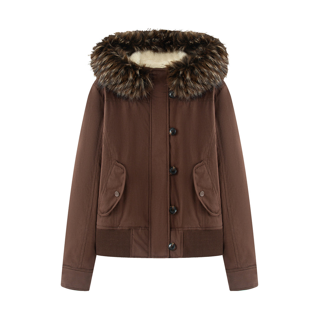 Women's short padded bomber jacket with faux fur hood, flap pockets, and ribbed hem Mune Fashion