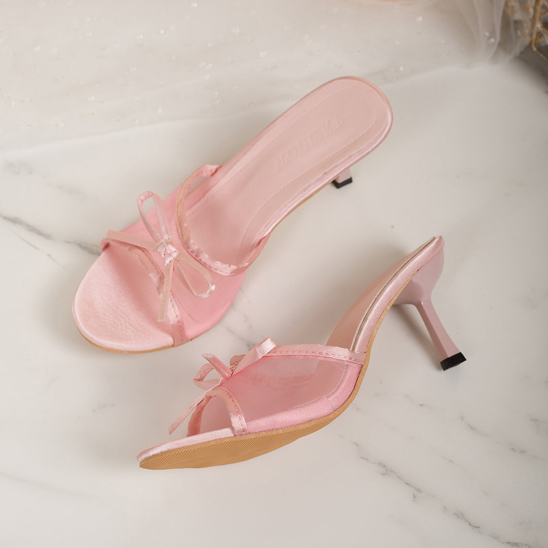Women Transparent Mesh Mules with Bow Strap and Slim Stiletto Heel Mune Fashion