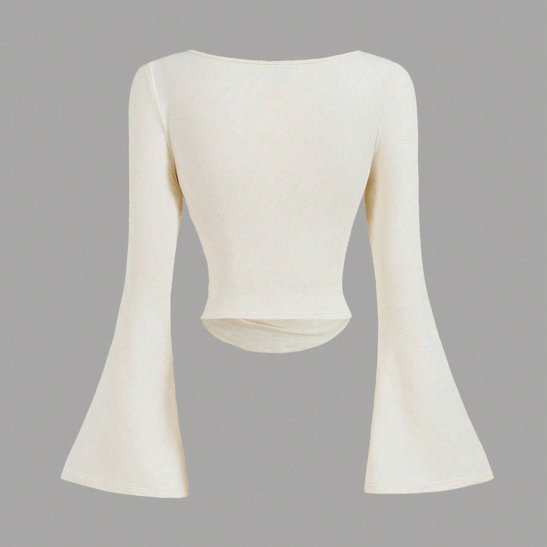 Ladies Fitted Long Sleeve Shirt with Off-the-Shoulder Neckline, Gathered Body and Trumpet Sleeves Mune Fashion