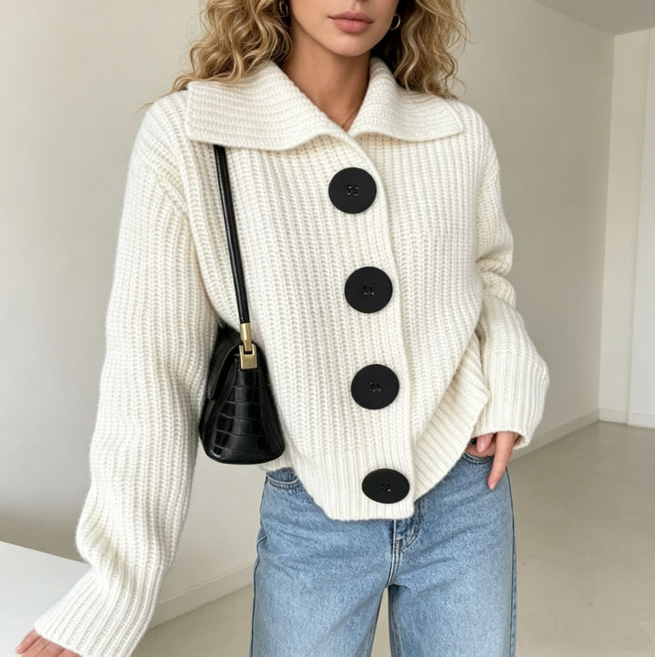 Women Chunky Knit Cardigan with Wide Lapel Collar Mune Fashion