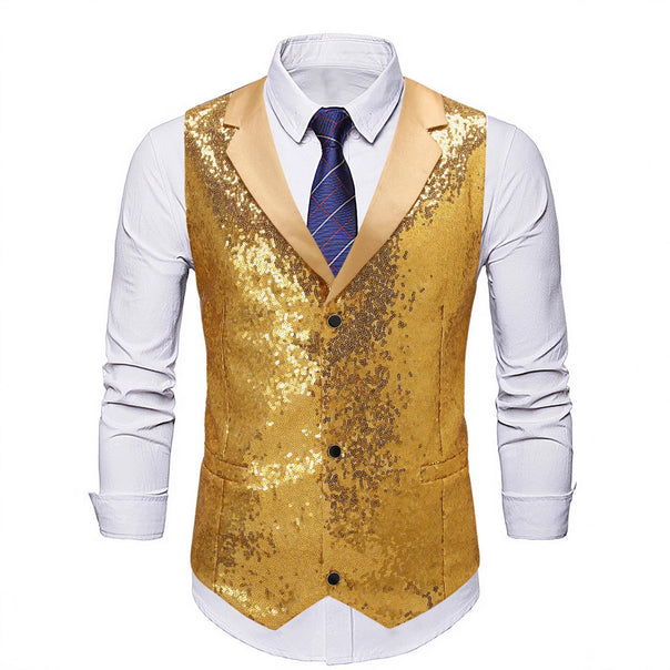 Men's Shiny Sequin Vest with Satin Lapel and Slim Fit Silhouette Mune Fashion