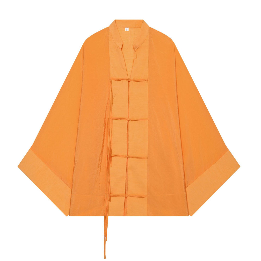 Women's Kimono-Cape Jacket with Chinese Button Closure and Long Tassels Mune Fashion