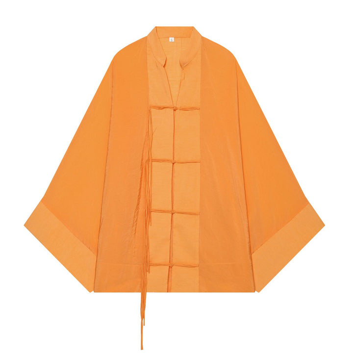 Women's Kimono-Cape Jacket with Chinese Button Closure and Long Tassels Mune Fashion