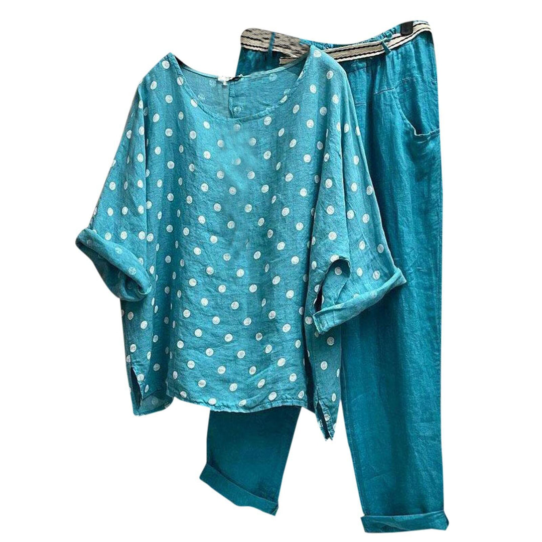 Women's Linen Loungewear Set with Polka Dot Oversized Tunic and Elastic Waist Pants Mune Fashion