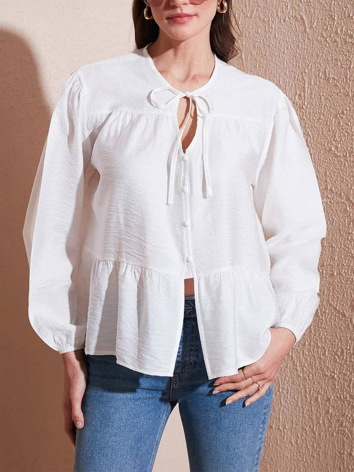 Women's loose-fitting cotton blouse with ruffle tier and tie collar Mune Fashion