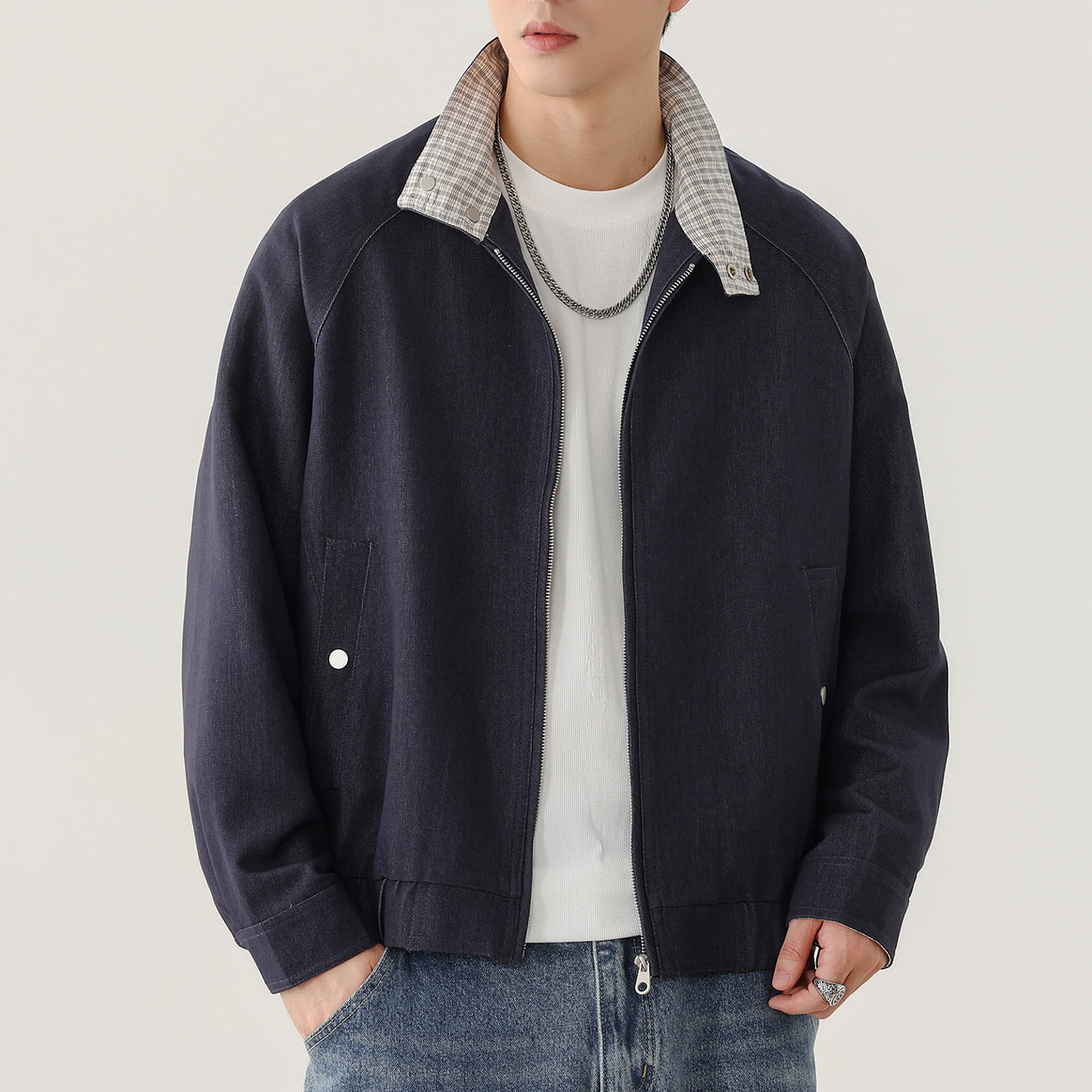 Men's lightweight bomber jacket with zipper and checkered stand-up collar Mune Fashion