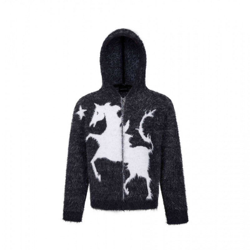 Unisex Fluffy Hoodie with Unicorn Motif and Continuous Zipper Mune Fashion