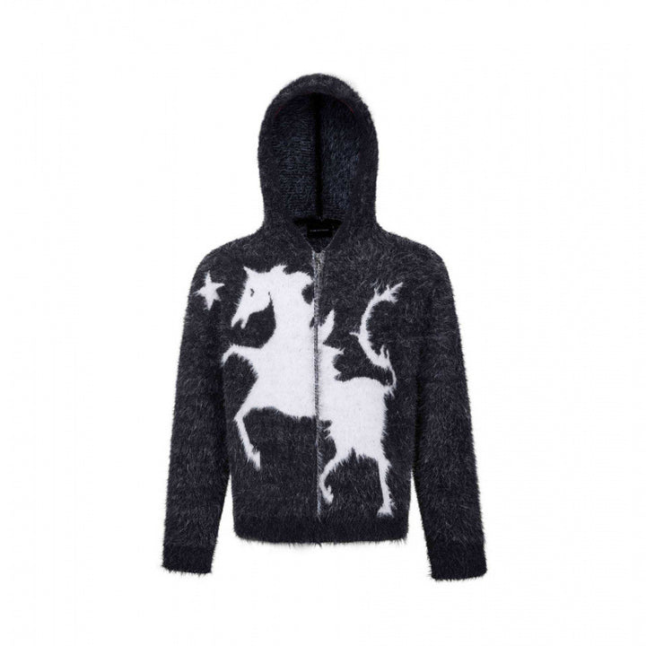 Unisex Fluffy Hoodie with Unicorn Motif and Continuous Zipper Mune Fashion