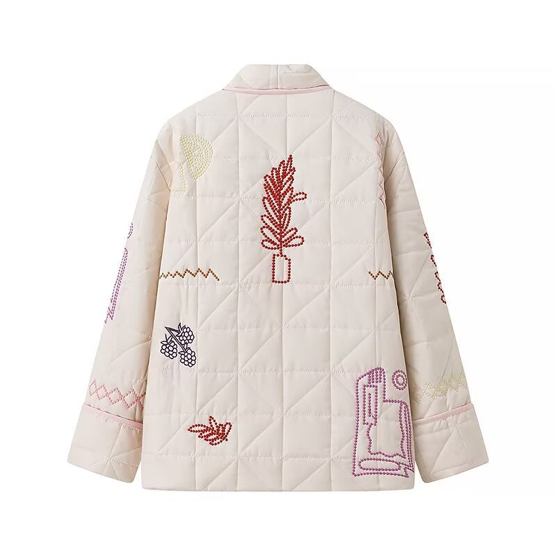 Women's padded kimono jacket with decorative embroidery, open front and patch pockets Mune Fashion
