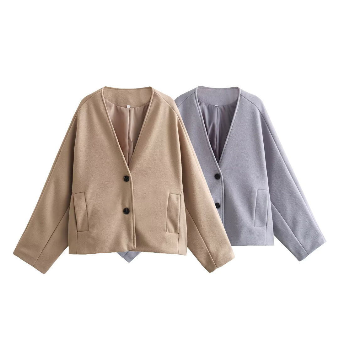 Women's short jacket in boxy cut with V-neck and wool mix Mune Fashion