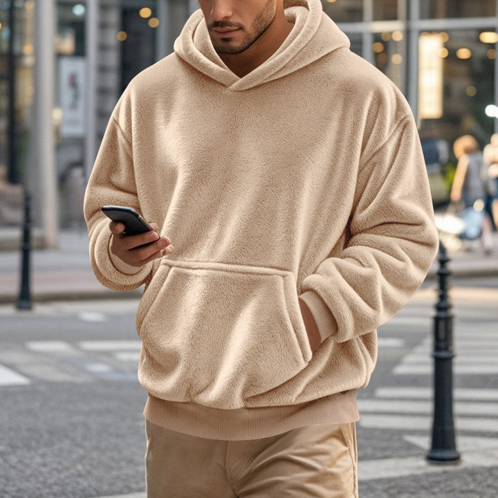 Men's cozy oversized fleece hoodie with kangaroo pocket and ribbed hem Mune Fashion
