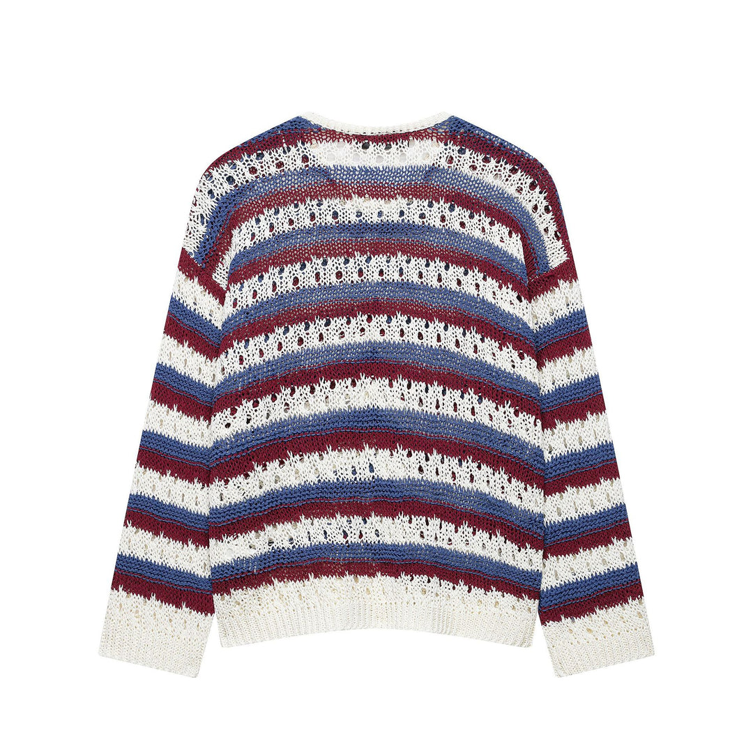 Women's Crocheted Cropped Knit Cardigan with Lace Knit, Contrast Stripes, and Mother of Pearl Buttons Mune Fashion