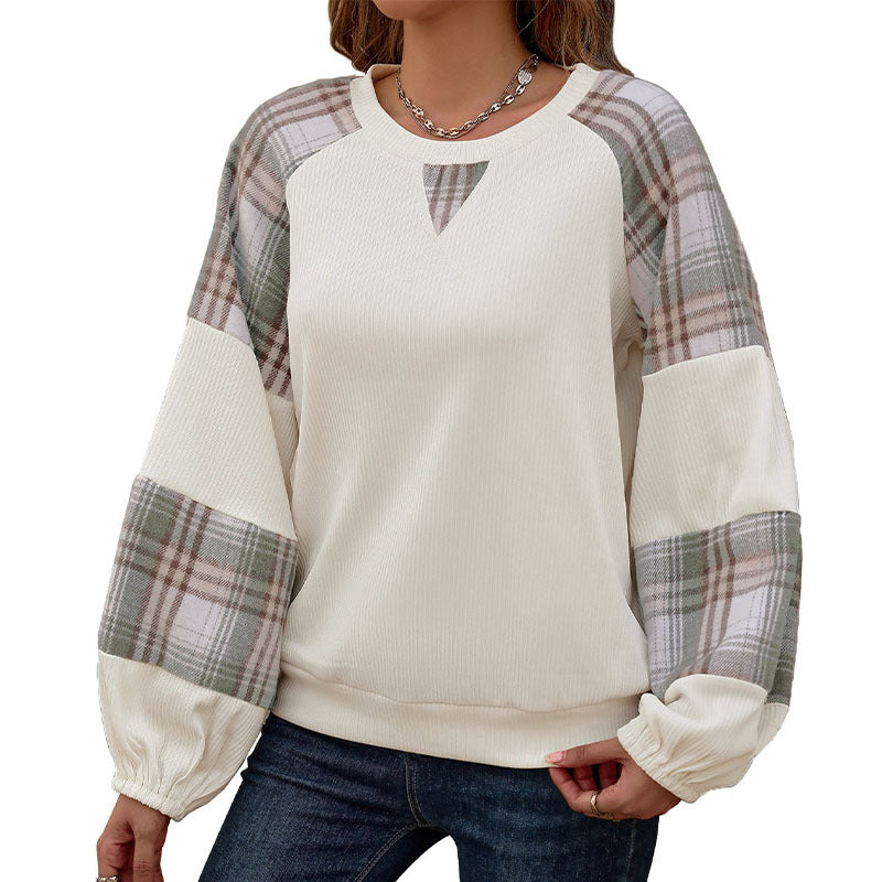 Women's Casual Raglan Sweatshirt with Checked Balloon Sleeves, Keyhole Neckline & Gathered Cuffs Mune Fashion