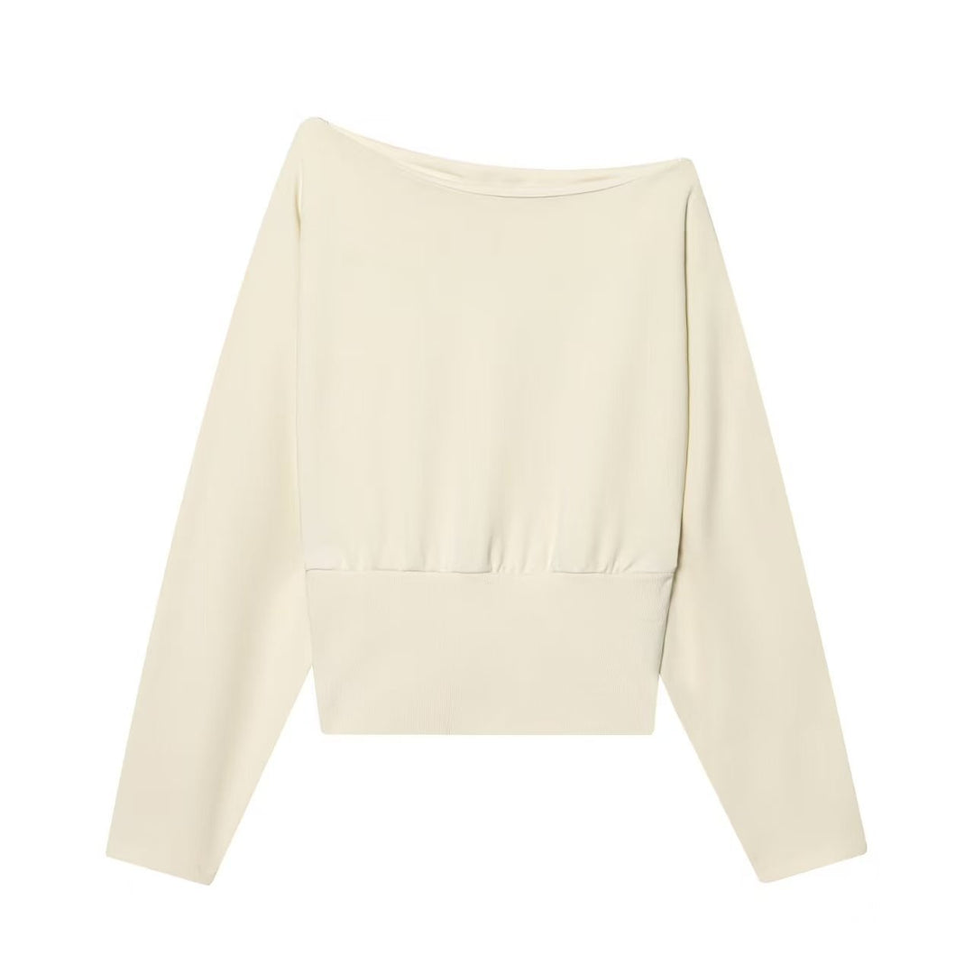 Women Oversize Off-Shoulder Cropped Sweater with Batwing Sleeves and Wide Ribbed Cuff Mune Fashion