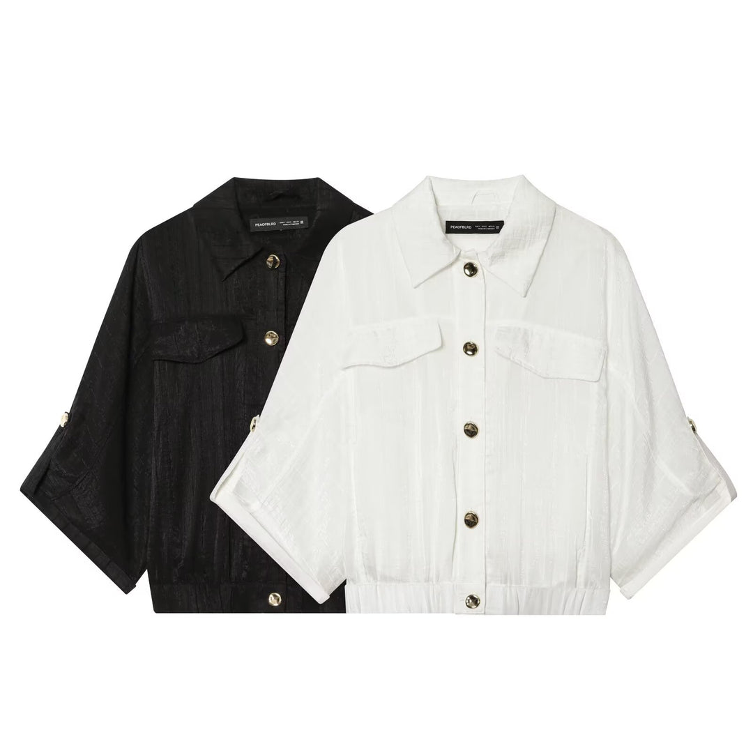 Women's Cropped Shirt Blouse with Batwing Sleeves, Breast Pockets and Elastic Waistband Mune Fashion