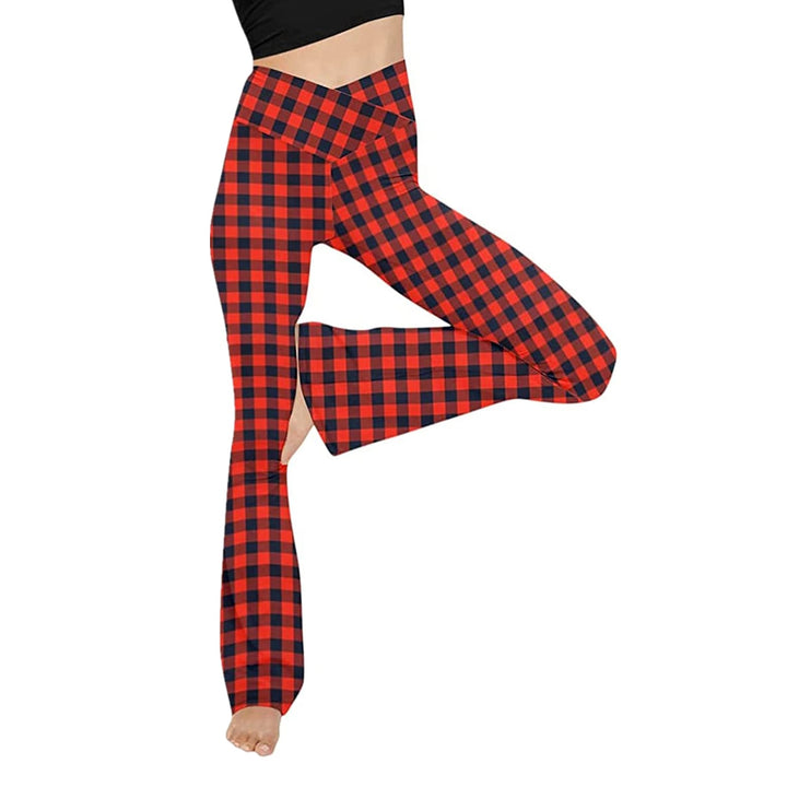 Women's mid-rise yoga pants with crossover waistband and flared hem with slit Mune Fashion
