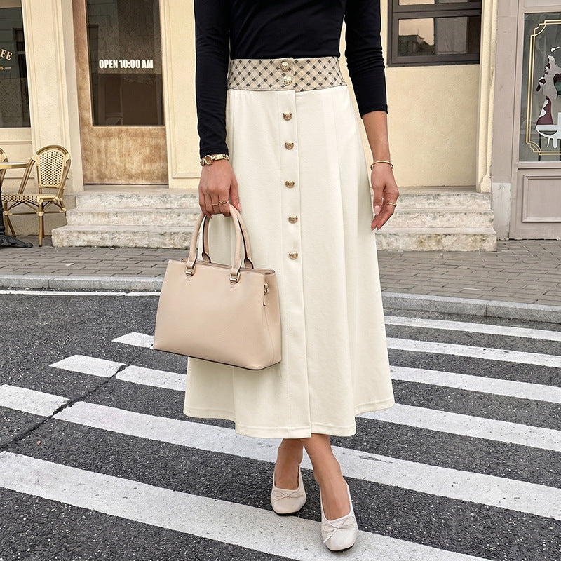 Ladies A-line midi skirt with continuous button placket and high waistline Mune Fashion
