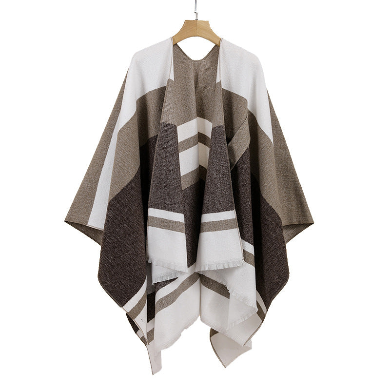 Women's Lightweight Cape Poncho made of fine knit with geometric block stripe design Mune Fashion
