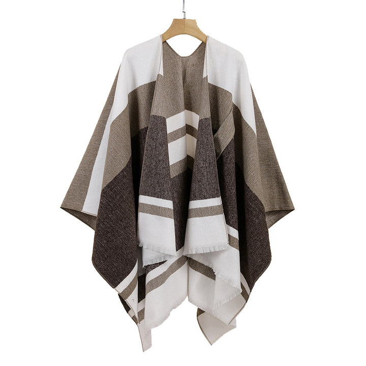 Women's Lightweight Cape Poncho made of fine knit with geometric block stripe design Mune Fashion