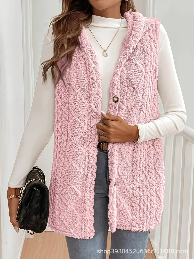 Women Fleece Lined Teddy Vest with Hood and Button Closure Mune Fashion