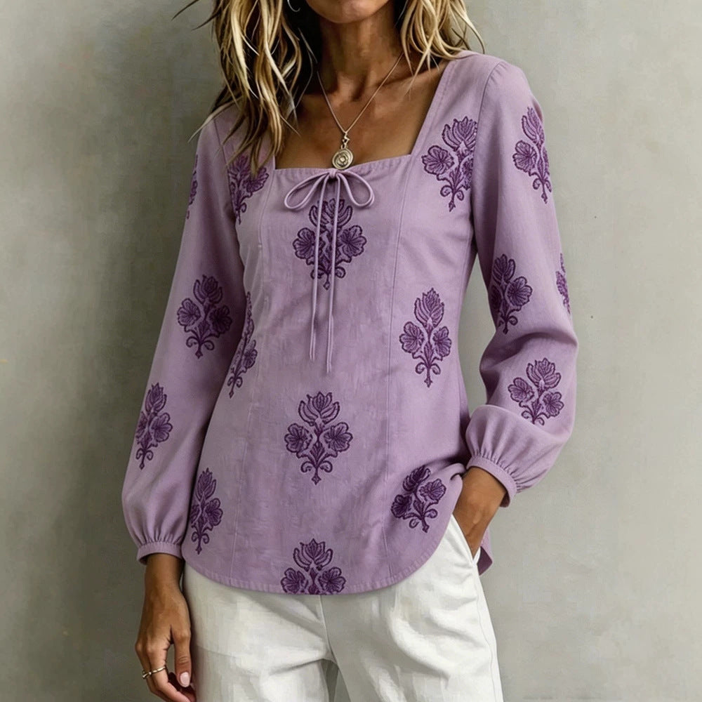 Women's Embroidered Tunic Blouse with Square Neckline and Feminine Balloon Sleeves Mune Fashion