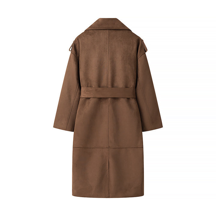 Women's Long Oversized Velour Leather Trench Coat with Tie Belt and Shoulder Straps Mune Fashion