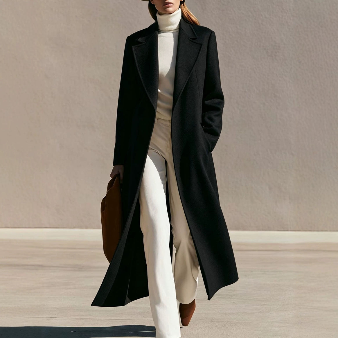 Women Longline Wool Coat with Wide Lapels and Tailored Fit Mune Fashion