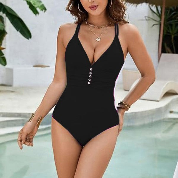 Women's One-Piece Swimsuit with Deep V-Neck and Decorative Buttons Mune Fashion