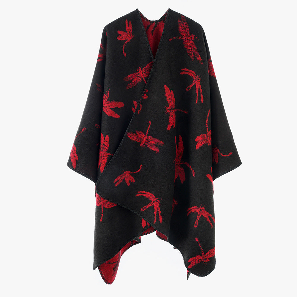 Women's Wool Blend Poncho with Dragonfly Jacquard and Open Waterfall Cut Mune Fashion