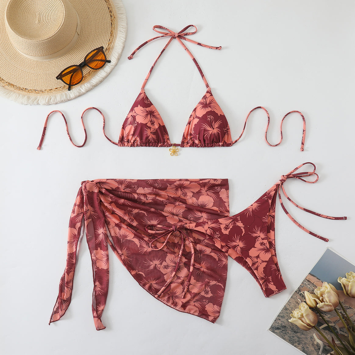 Women's bikini set with floral design and stylish wrap skirt Mune Fashion