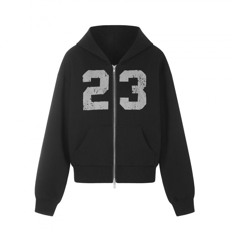 Unisex Lightweight Hooded Zip Jacket with Vintage Numbers Print and Kangaroo Pockets Mune Fashion