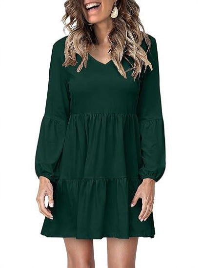 Women's Tiered Mini Dress with V-Neck and Balloon Sleeves Mune Fashion