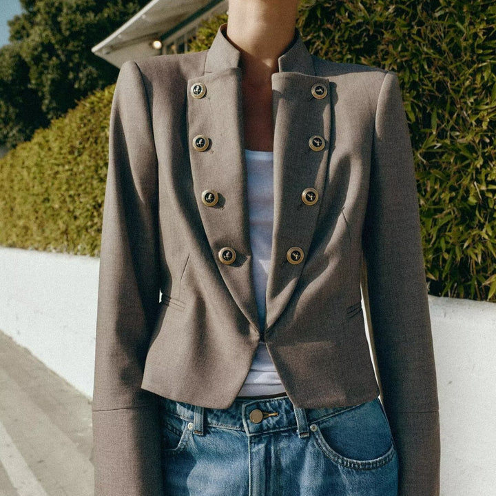 Women's Tailored Cropped Blazer with Stand Collar and Decorative Button Placket Mune Fashion
