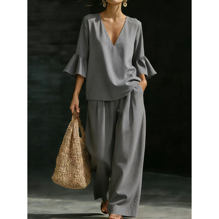 Women's Two-Piece V-Neck Tunic Set with Ruffle Sleeves and Wide High-Waisted Palazzo Pants Mune Fashion