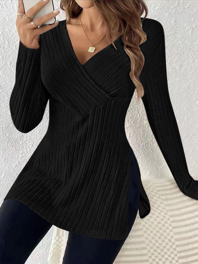 Women Ribbed Wrap V-Neck Long Sweater with Waist Emphasis and Side Slits Mune Fashion
