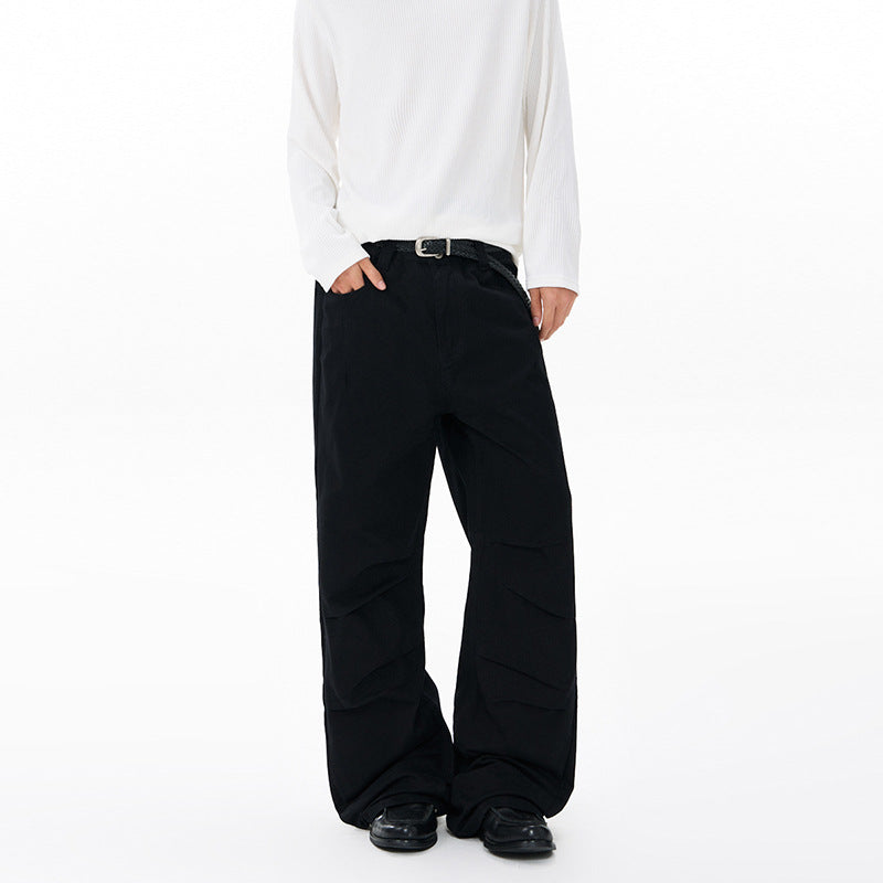 Men's Wide Relaxed Twill Pants with a Low Crotch, Floor-Length Silhouette, and Belt Loops Mune Fashion