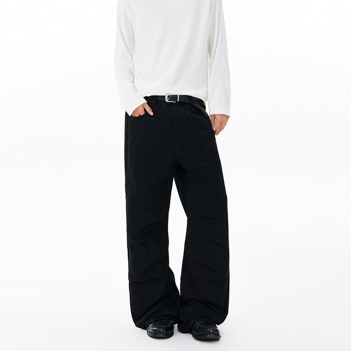 Men's Wide Relaxed Twill Pants with a Low Crotch, Floor-Length Silhouette, and Belt Loops Mune Fashion