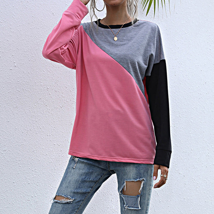 Women's Casual Color Block Sweatshirt with Diagonal Split and Raglan Sleeves Mune Fashion