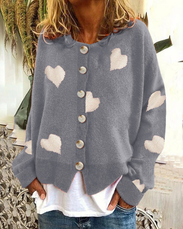 Women Buttoned Oversized Knitted Cardigan with Heart Jacquard and Pearl Buttons Mune Fashion