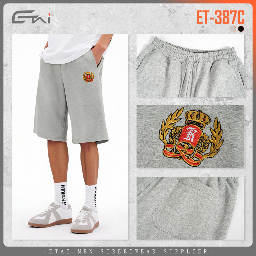Men's Knee-Length French Terry Sweat Shorts with Drawstring and Embroidered Crest Mune Fashion