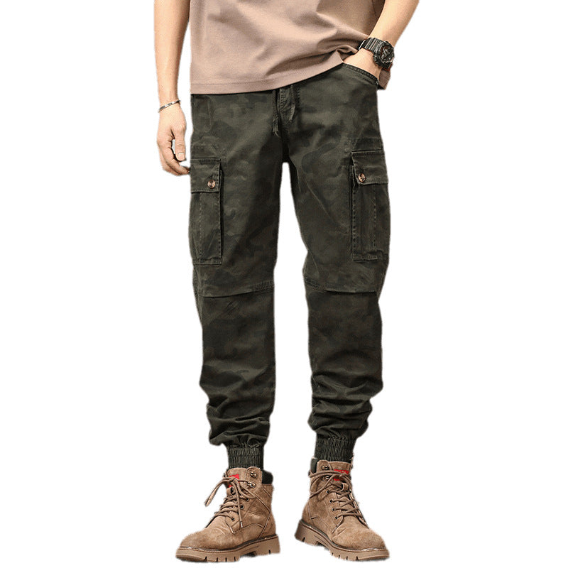 Men's tactical cargo jogger pants in camouflage look with drawstring waistband, reinforced knees, and cuffed hems Mune Fashion